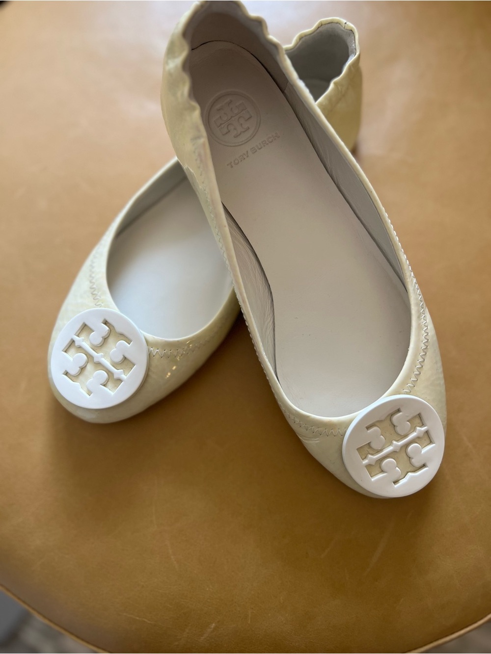 Tory Burch Ivory Logo Round-Toe Ballet Flats